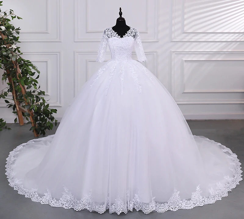 

Sonhar Vestidos Pure White Wedding Dresses Half Sleeve Wedding Dress With Trian Classic Brides Cheap Wedding Dresses Customized