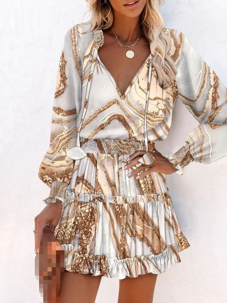 

Women's Spring Summer New Long Sleeve Sexy V-neck Fashion Printed Waist Drawstring Short Dress For Women