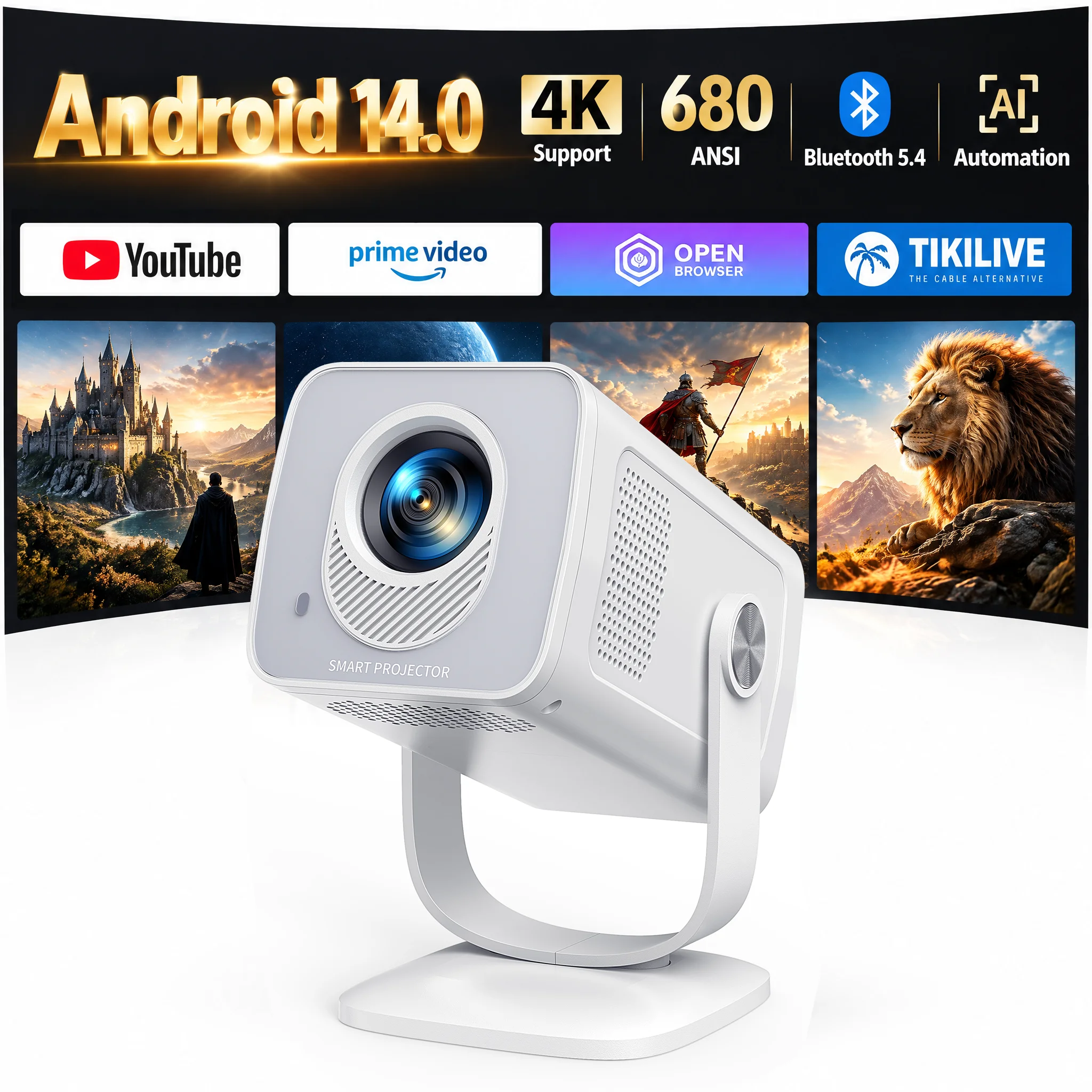 Toptro Projektor 4K 1080P Android 14.0 WiFi6 Autofokus 270 °   Drehbarer Android 14 Tragbarer Projektor für Filme, Heimkino und Outdoor