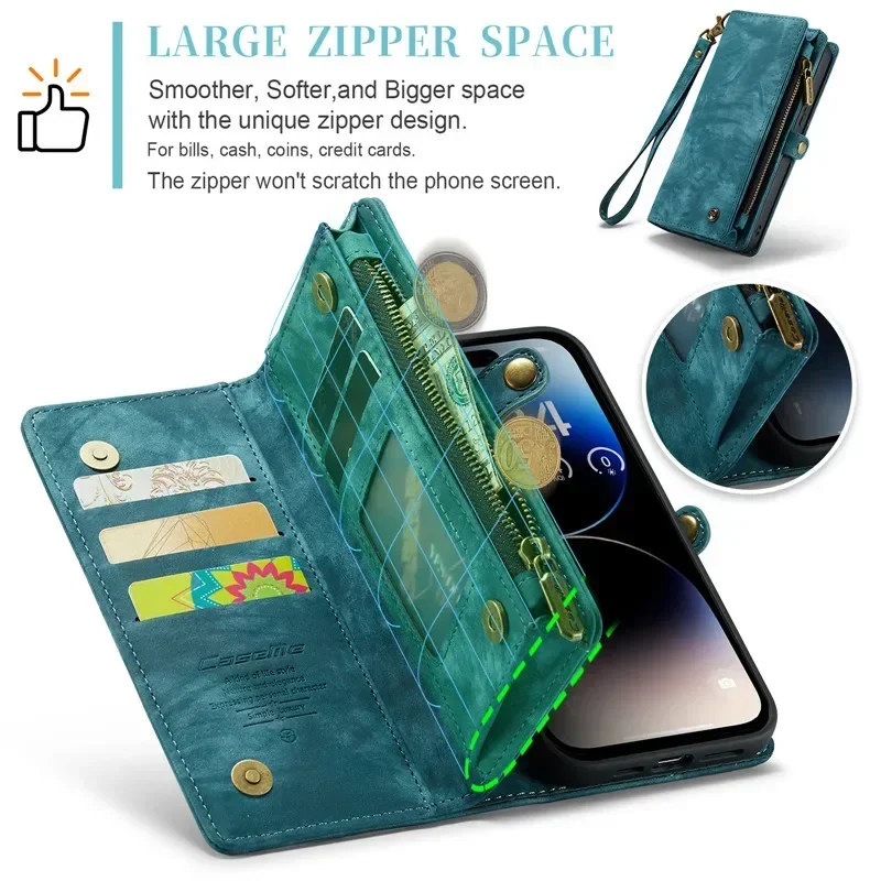 Magnetic Flip Leather Phone Case for iPhone 12 11 13 14 15 Pro Max XS XR X SE 2022 8 Plus Zipper Wallet Card Cover Hoesje image 5