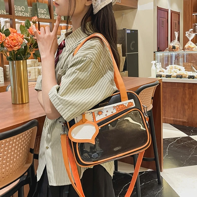 School Girl Transparent Bag Clear Crossbody Bag PU Leather Itabag Anime Pin Display Colorblock Handbag Book Bag