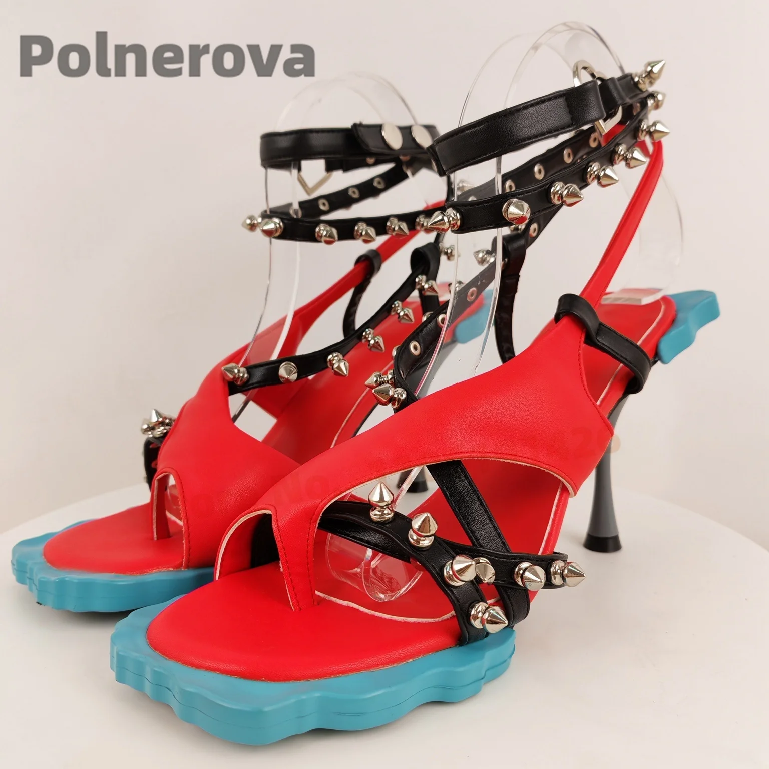 

Novelty Flower Sole Stiletto Sandals Women High Heels Red Open Toe Rivet Buckle Strap Ankle Straps Fashion Runway Party Shoes