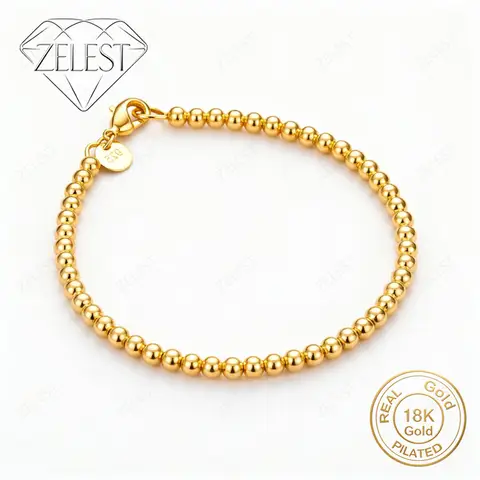 925 Sterling Silver 18K Gold Plated 8-Inch Exquisite Shiny Ball Bead Bracelet Women's Fashion Wedding Party Accessories