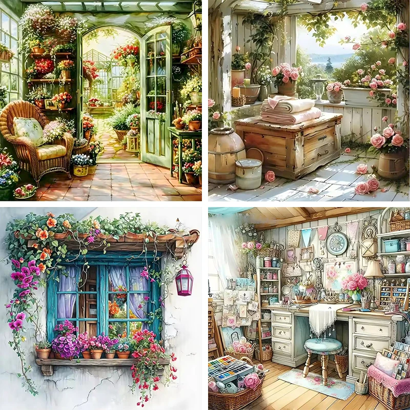 GATYZTORY Diamant Malerei Landschaft Fenster Kit Volle Stickerei Blume Wand Dekorative Strass Bilder Für Wohnkultur