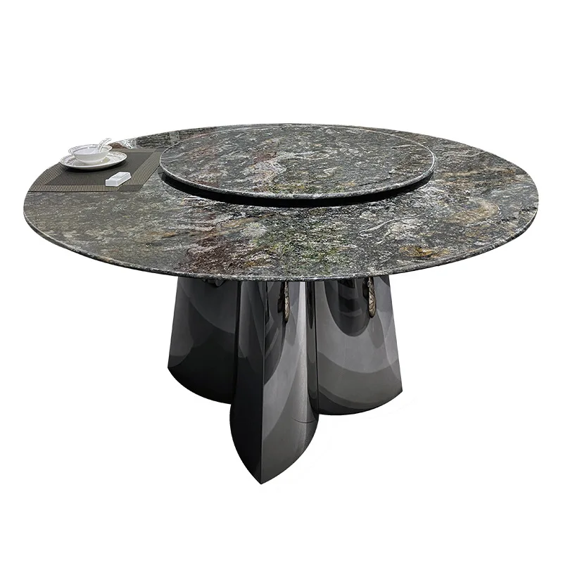 *Luxury Platinum Diamond Stone Turntable Dining Table Modern High-End Combination Chair Panel Wood Style Household Dining