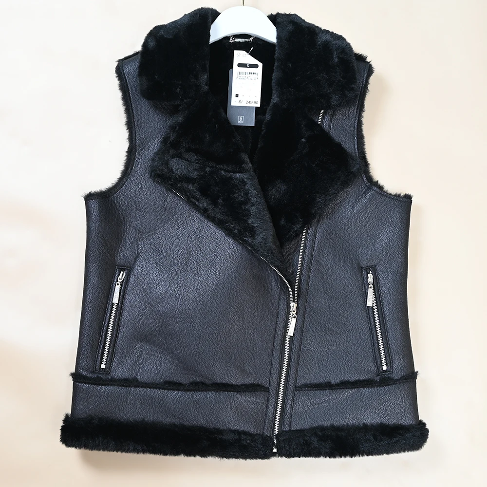 

Warm Thiened Faux Fur Collar Biker Sle Vest Outerwear Women's Jaet Inteated Leather And Fur ort Zipper Pure Color