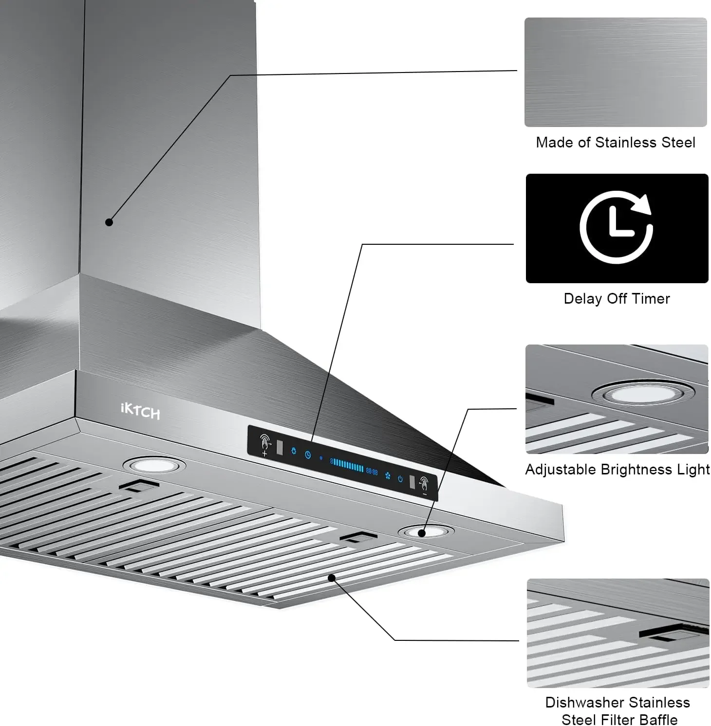 IKTCH-Wall Mount Range Hood com Detecção de Gesto e Touch Control Switch Panel, Ductless conversível, 900 CFM, 30 polegadas