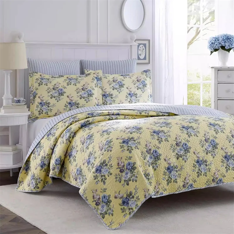 

Padded Cotton Quilt Set, Floral Bedspread on the Bed, Quilted Blanket with Pillowcases, Double Bed Cover, Summer Coverlet 3Pcs