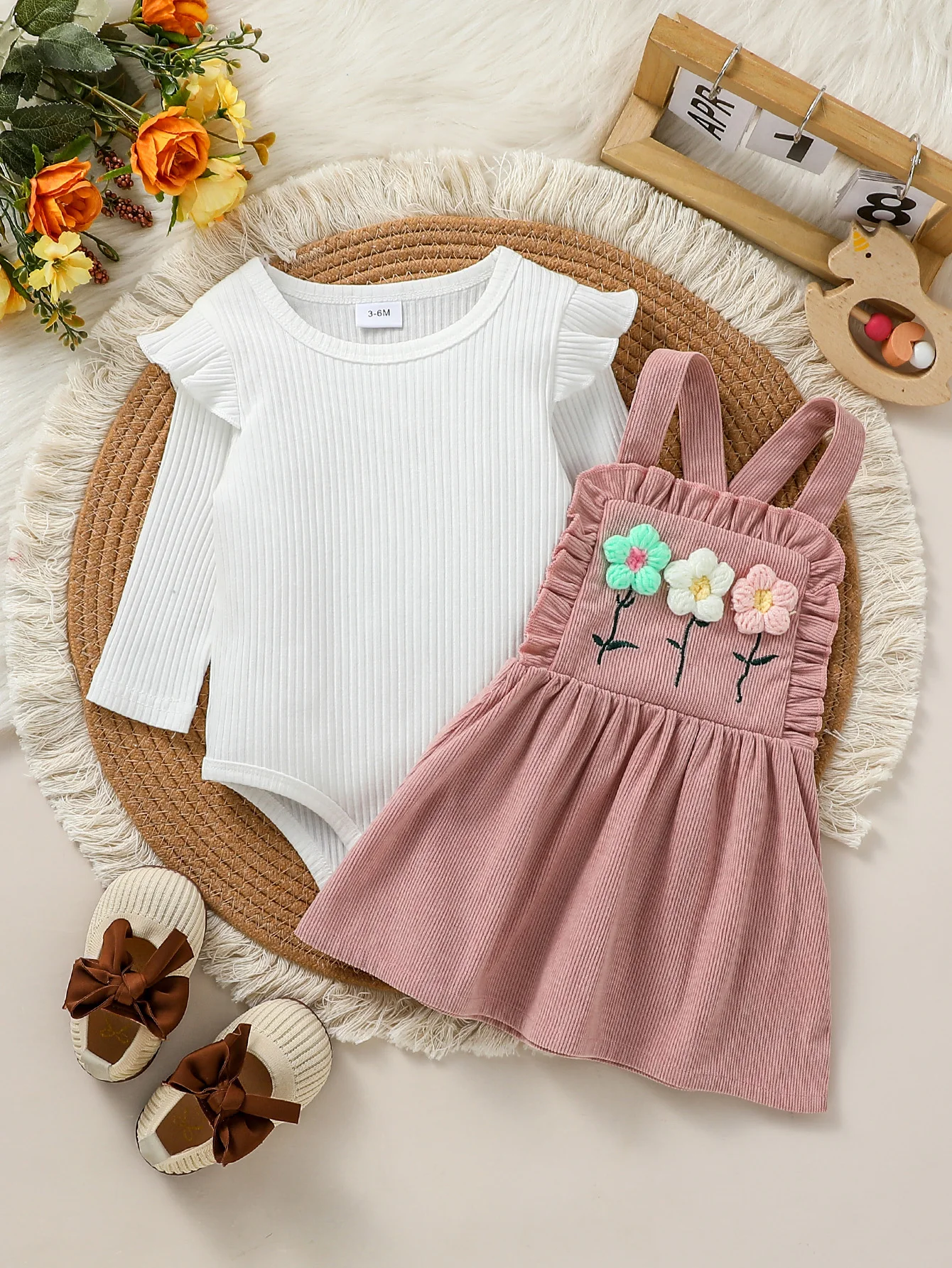 2Pcs Baby Girls Spring/ Autumn Long Sleeve Skirt Set With Floral Outfits For Preppy Style  Clothing