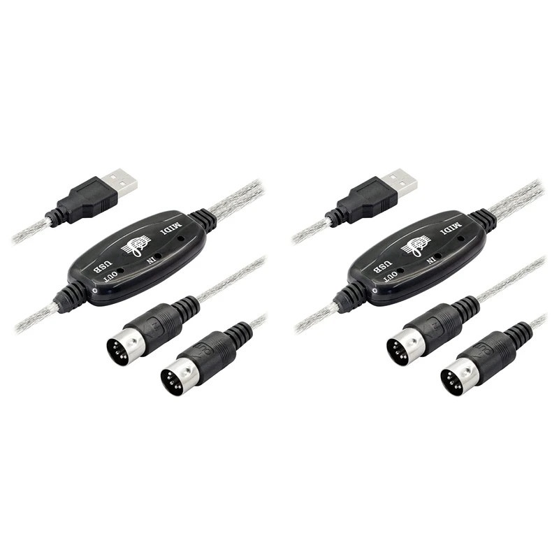 2X USB MIDI Cable Adapter,USB Type A Male To MIDI Din 5 Pin In-Out Cable Interface With LED Indicator For Music Keyboard