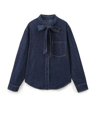 Women's Navy Blue Denim Shirt with Buttons and Bow Tie - Stylish and Comfortable