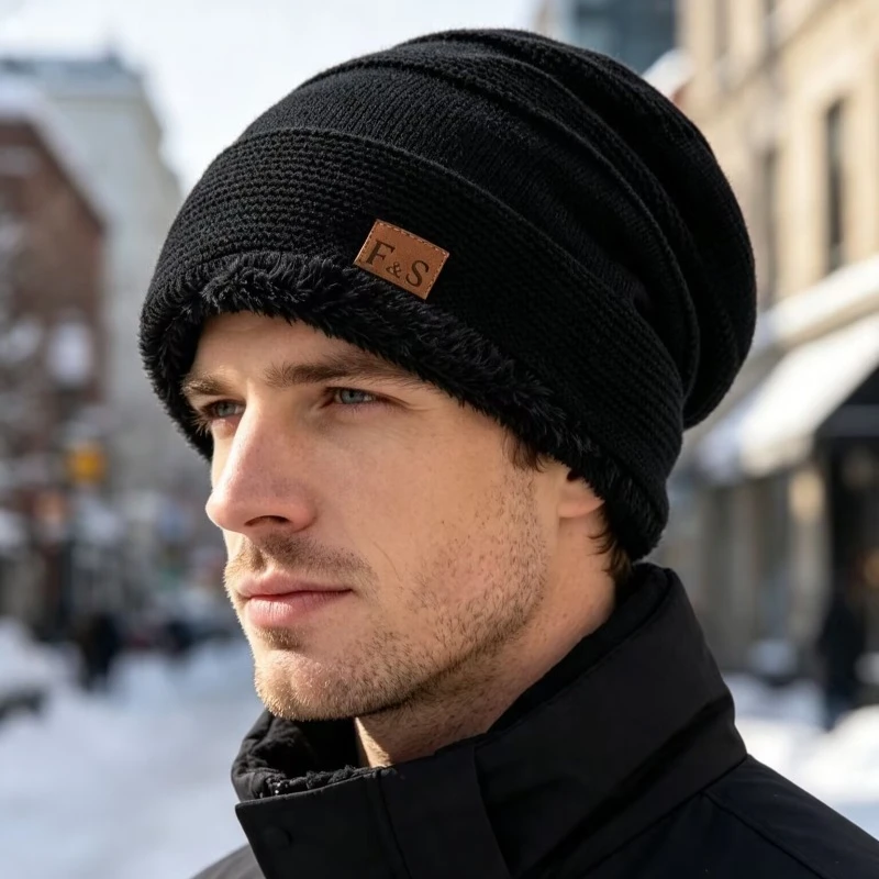 New Unisex Slouchy Winter Hats Add Fur Lined Men And Women Warm Beanie Cap Casual Label Decor Winter Knitted Hats view 6