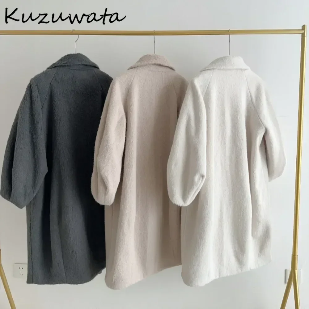 Kuzuwata-Manteau vintage mi-long en laine mélangée pour femmes, col rabattu, vêtements de luxe moelleux, manteau épais japonais élégant, Irritation Ics At