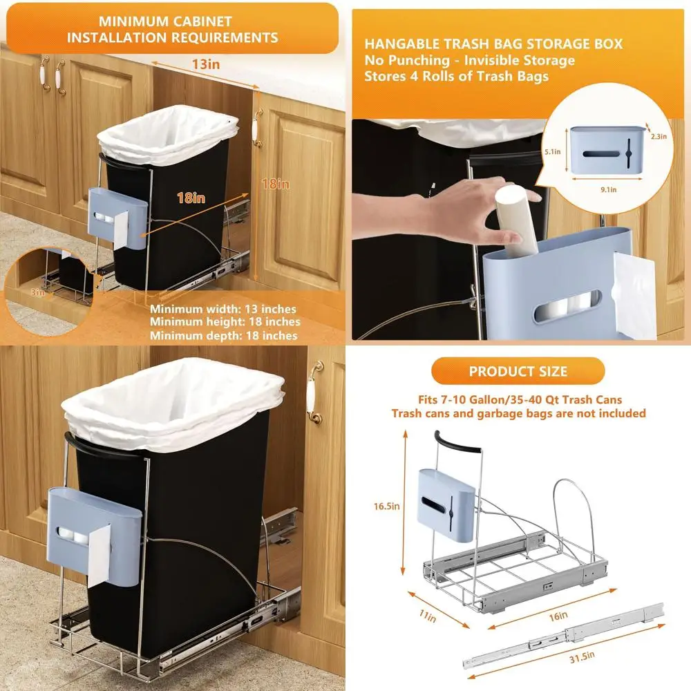 

Heavy-Duty Pull-Out Trash Bin with Bag Holder, Fits 7-13 Gallon Cans, Chrome Finish (Bin Not Included)