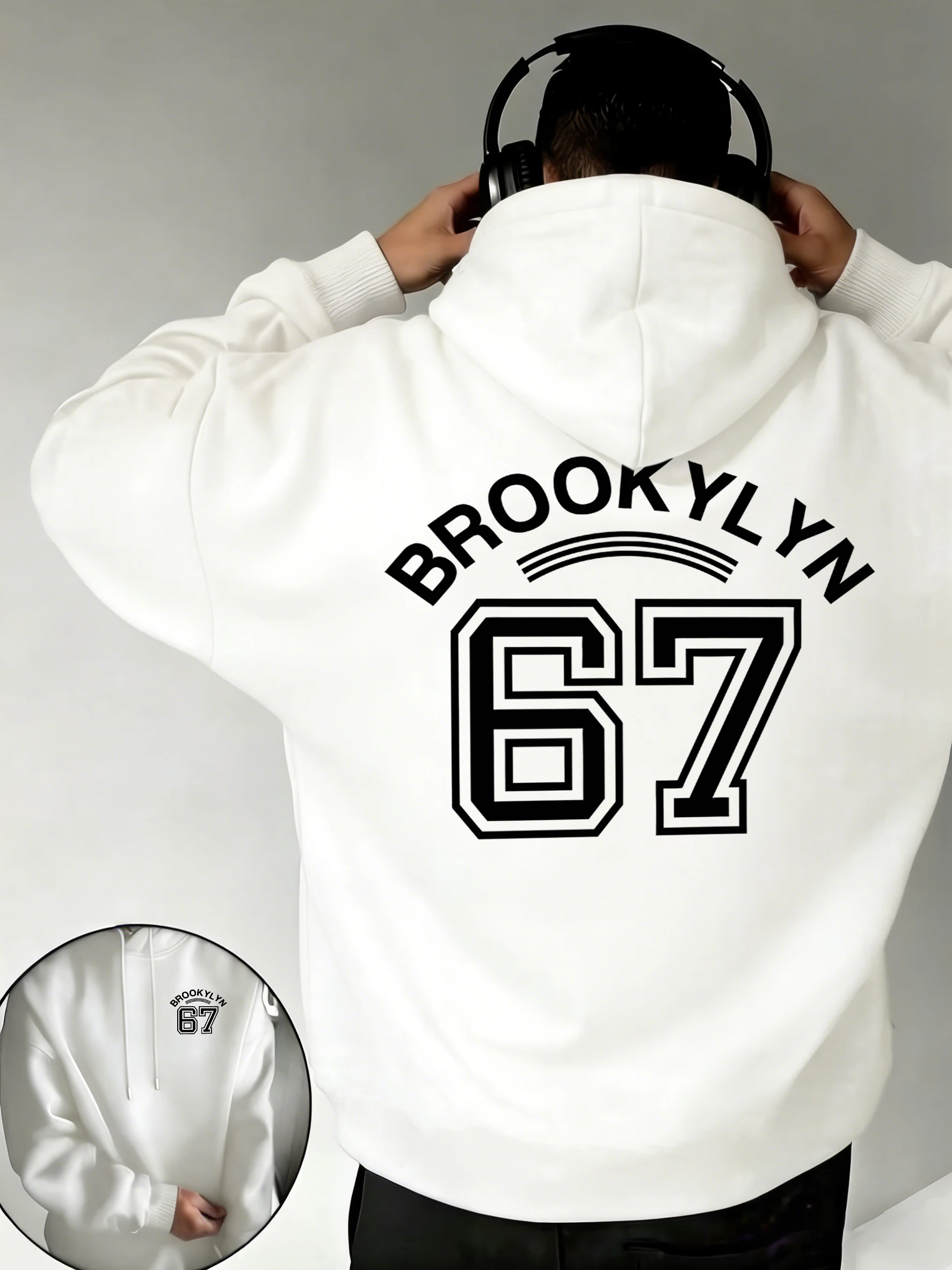 

Мужская толстовка с капюшоном Brooklyn Letter 67 Art Pattern, осенняя повседневная одежда, универсальный флисовый пуловер в стиле хип-хоп, свободный крой, длинный рукав