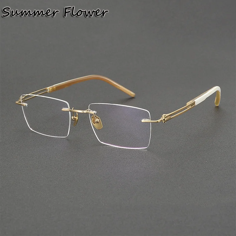 

150 mm Rimless Glasses Pure Titanium OX Horn Tips Men High End Frameless Gold Optical Eyeglasses for Gentlemen Prescription Lens