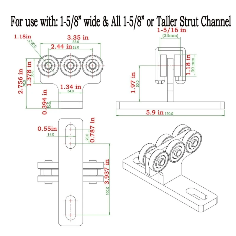 Solid Steel T Shaped Pulley Track Wheel Trolley Assembly Smooth Operation for 1-5/8\