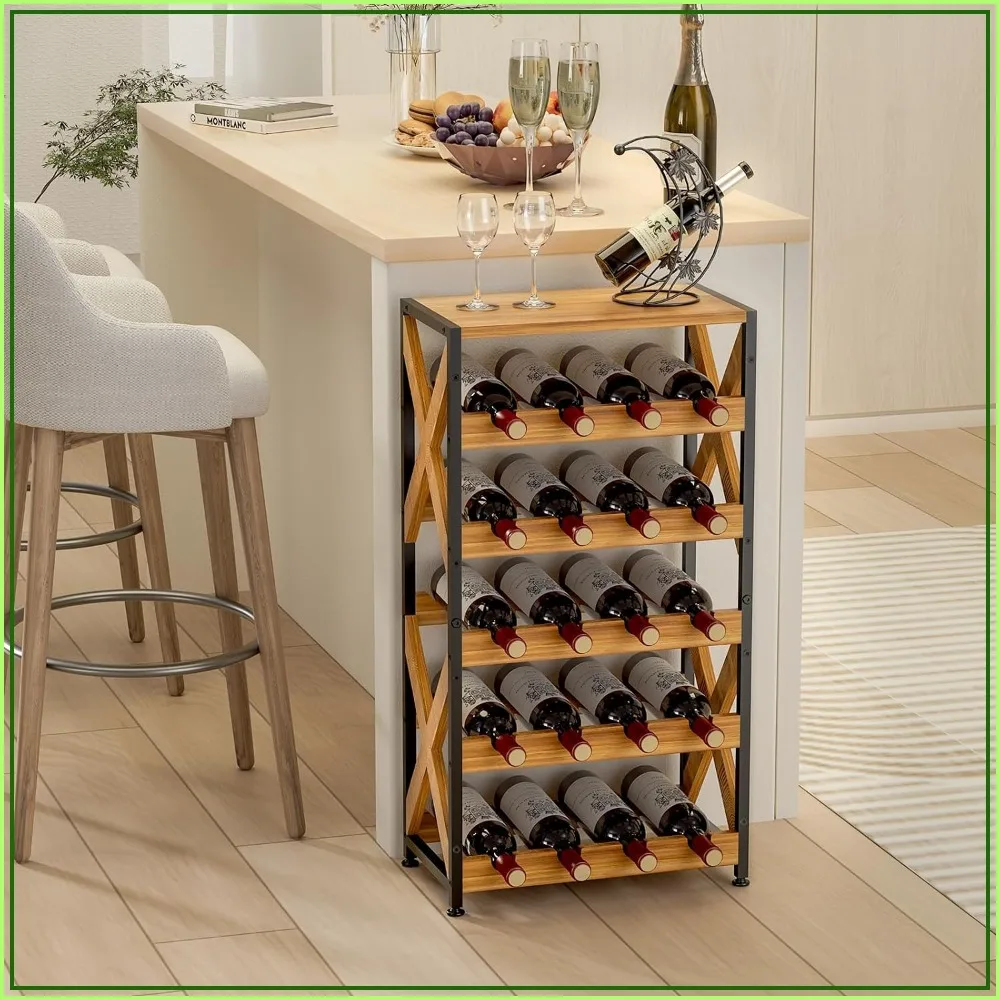 20-Bottle Floor Wine Rack, Sturdy 5-Tier Display with Solid Wood Top, Stackable Modular Design