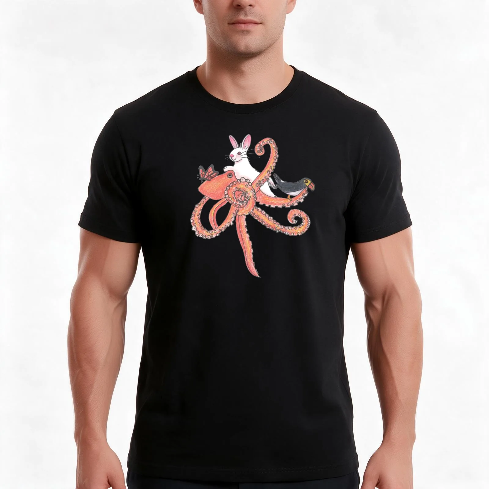 Hazel-bun and Octopus T-Shirt, Summer Casual Cotton Tee, Oversized Streetwear Tops, Vintage Graphic Print, Unisex Men Women