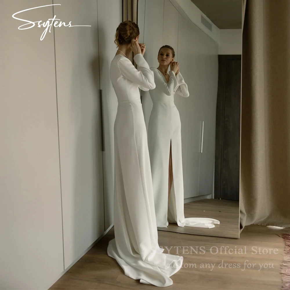 SSYTENS Customized Simple Wedding Dresses Full Sleeves Fit Country Wedding Bride Gown Slit Customized Vestido De Novia for Women