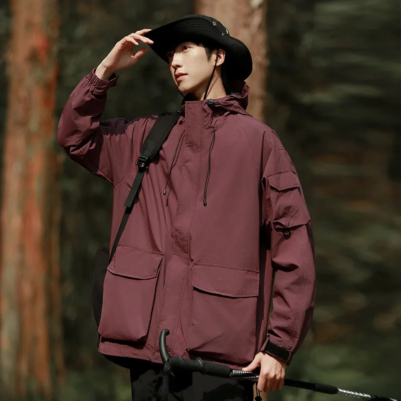 Spring And Autumn New Jacket Men's Stand-Up Collar Multi-Pocket Jacket Casual Loose Hooded Jacket