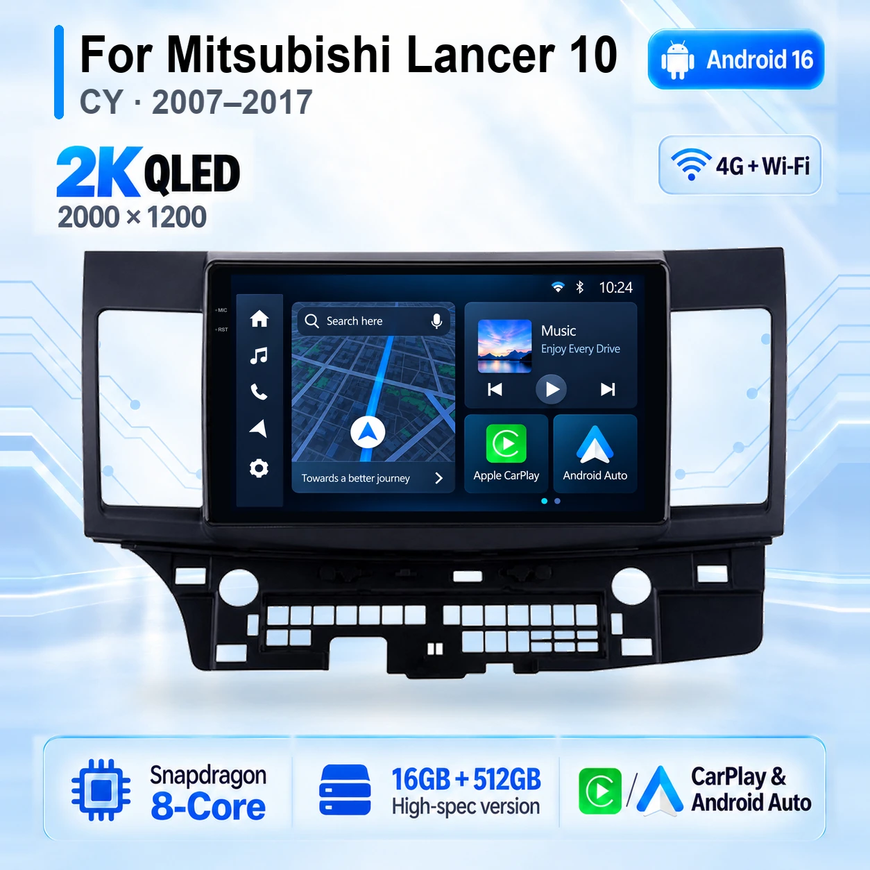 Android 16 Carplay Auto 2K Screen Car Radio Multimedia Player For Mitsubishi Lancer 10 CY 2007  -2017 DSP 2din Autoradio Stereo