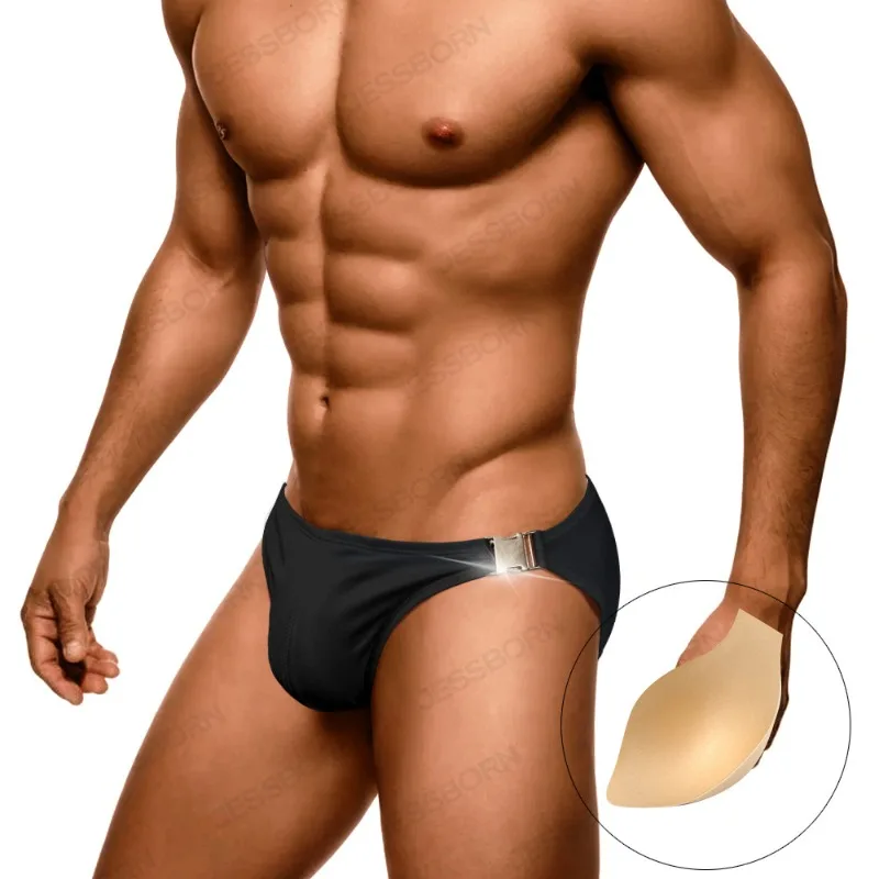 Summer Briefs Bikini Men Sexy Low-waisted Underwear Bilateral Metal Buckle Swimming Trunks Breathable Comfortable Swim Suit