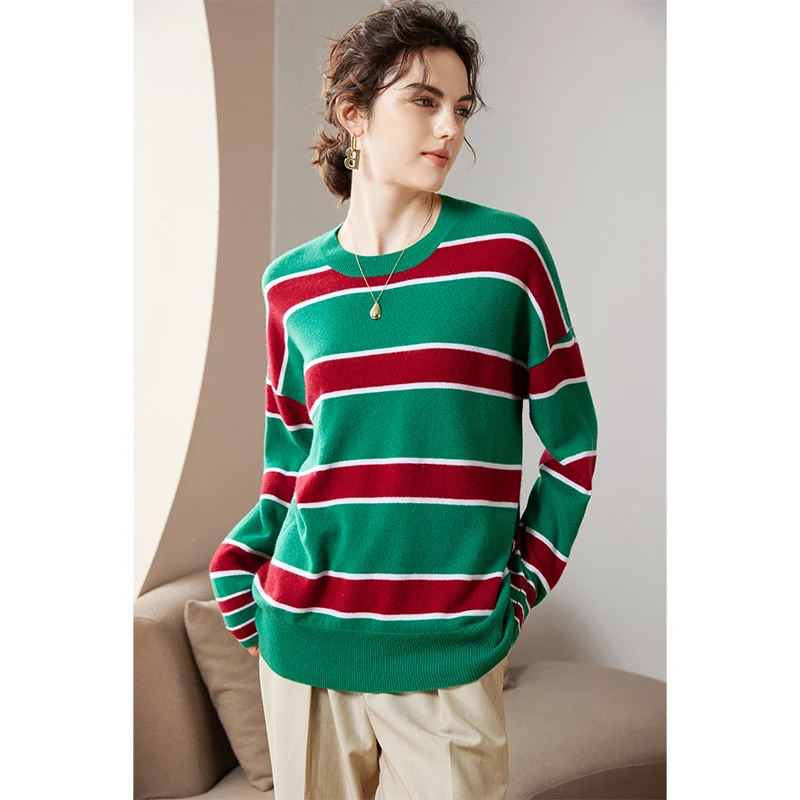 Fashion New 100% Pure Cashmere Sweater Women's Round Neck Striped Colored Loose Pullover Knitted Sweater Versatile Bottom Top