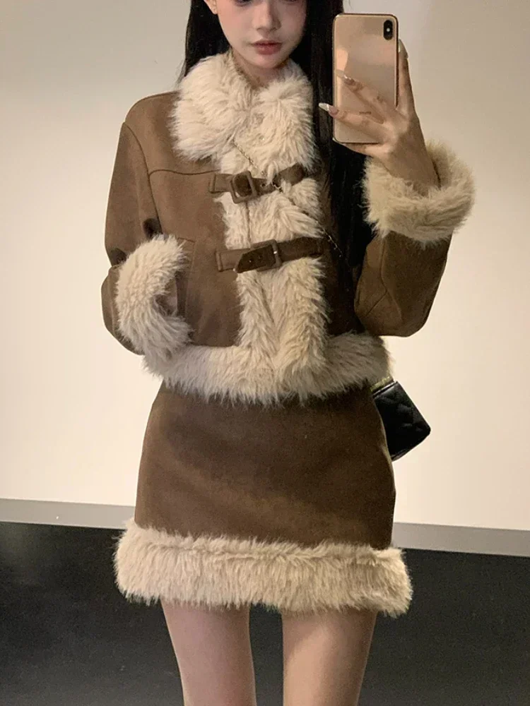 Autumn Winter Faux Fur 2 Piece Skirt Set Women Casual Y2k Vintage Blazers Jacket Coats + Skirts Korean Fashion Suits Kawaii Chic