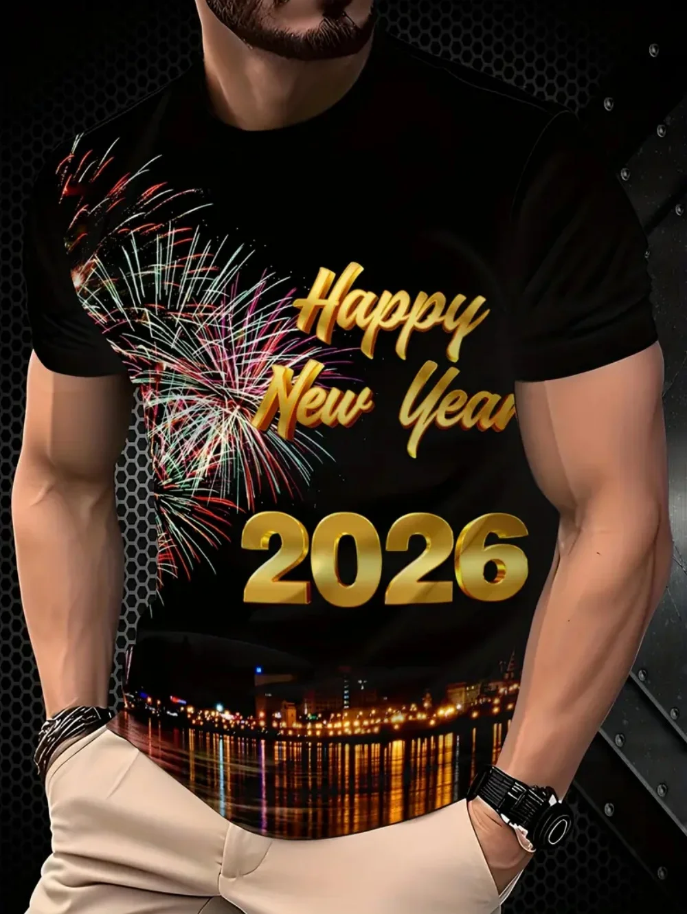 2026 سنة جديدة سعيدة موضوع تي شيرت رجالي مضحك ثلاثية الأبعاد طباعة الرجال قصيرة الأكمام تيز موضة عادية Y2k الملابس عطلة تي شيرت للرجل #6