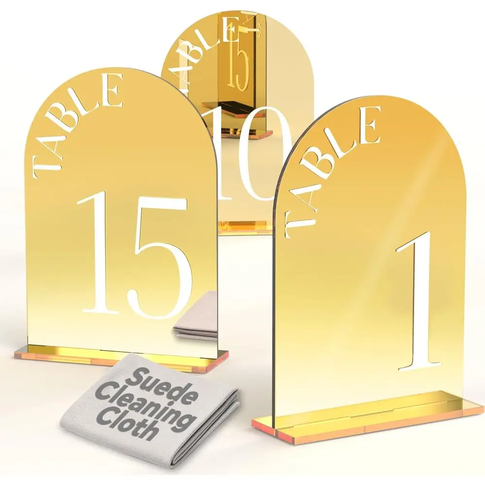 Números de mesa de boda arqueados con espejo 1-15 con soportes, letra de doble cara de 5 "x 7", letreros de boda acrílicos, decoración de centro de mesa para