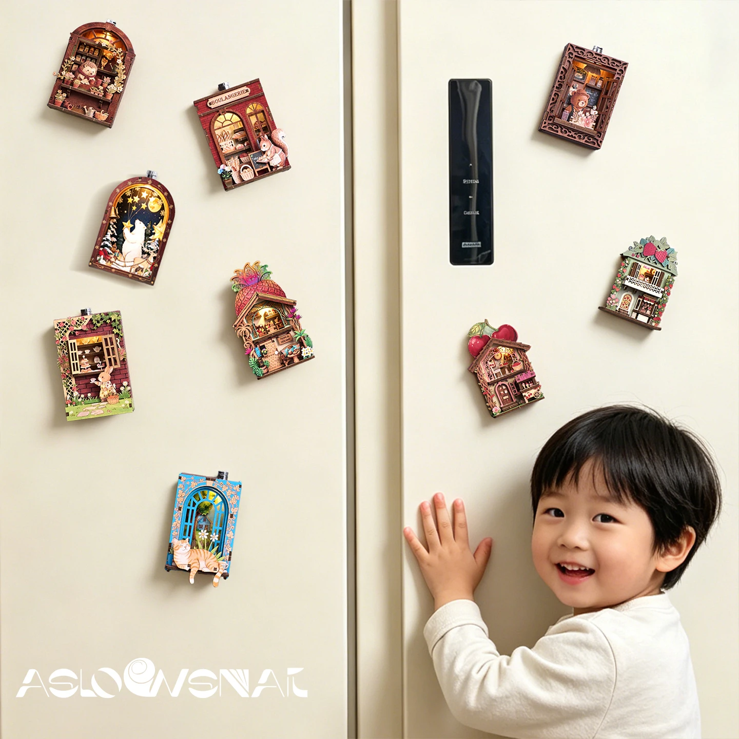Fridge Magnet DIY 3D Puzzle Toy Mini House Animal Dollhouse Shop Creative Assembly Model Kit Furniture Decoration Gift