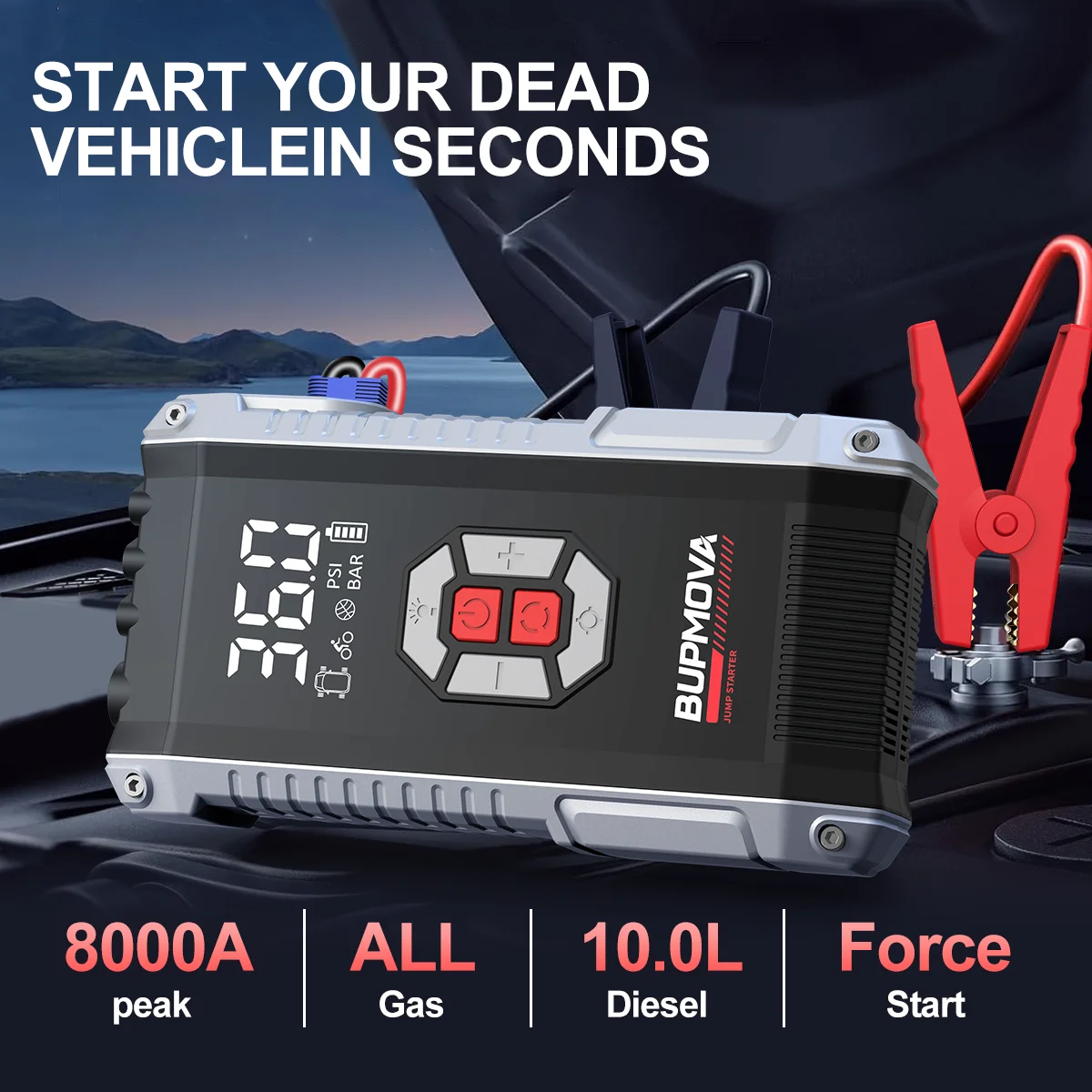 

Многофункциональное автомобильное пусковое устройство 8000 мАч с функцией подкачки шин 150PSI и внешним аккумулятором (Powerbank)