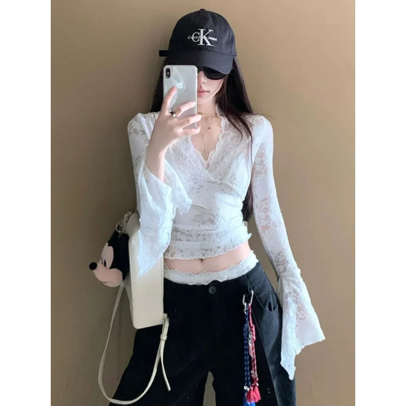 

Сексуальный кружевной топ с v-образным вырезом и длинными рукавами, осень и зима 2025, новый короткий обтягивающий топ для девочек Pure Lust