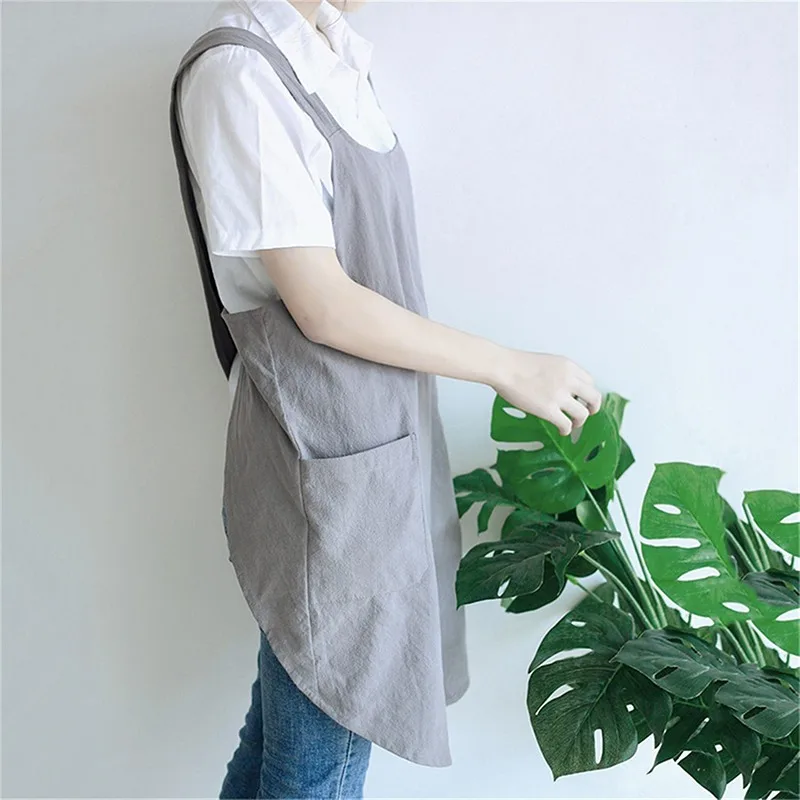 Japanese Linen Cross Back Kitchen Cooking Women Aprons with Pockets   for Baking Painting Gardening Cleaning Gray