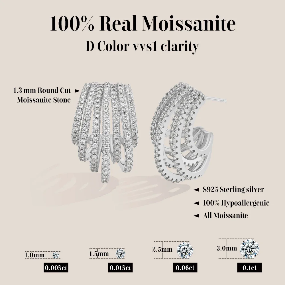 QIBAOKU Multiple Hoop Moissanite Earrings For Women D VVS1 1.3mm Round S925 Sterling Silver Ear Pendant Party Jewelry 2026