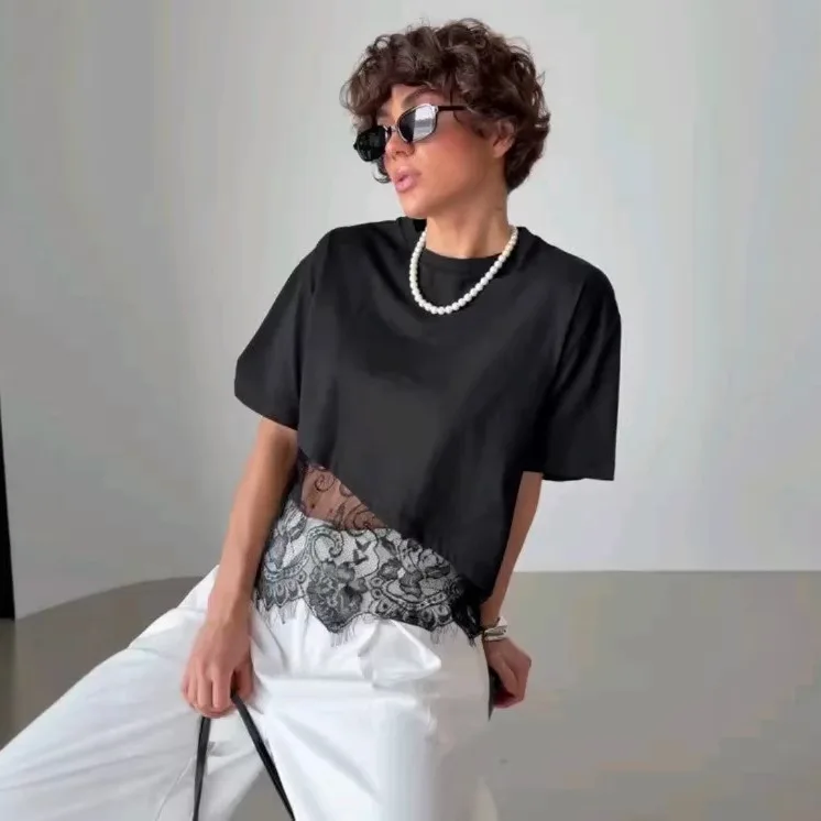 New Summer Chic O-neck Short Sleeve Irregular Tops Female Basic White Tops White Lace Patchwork Loose Women T-shirt 2026