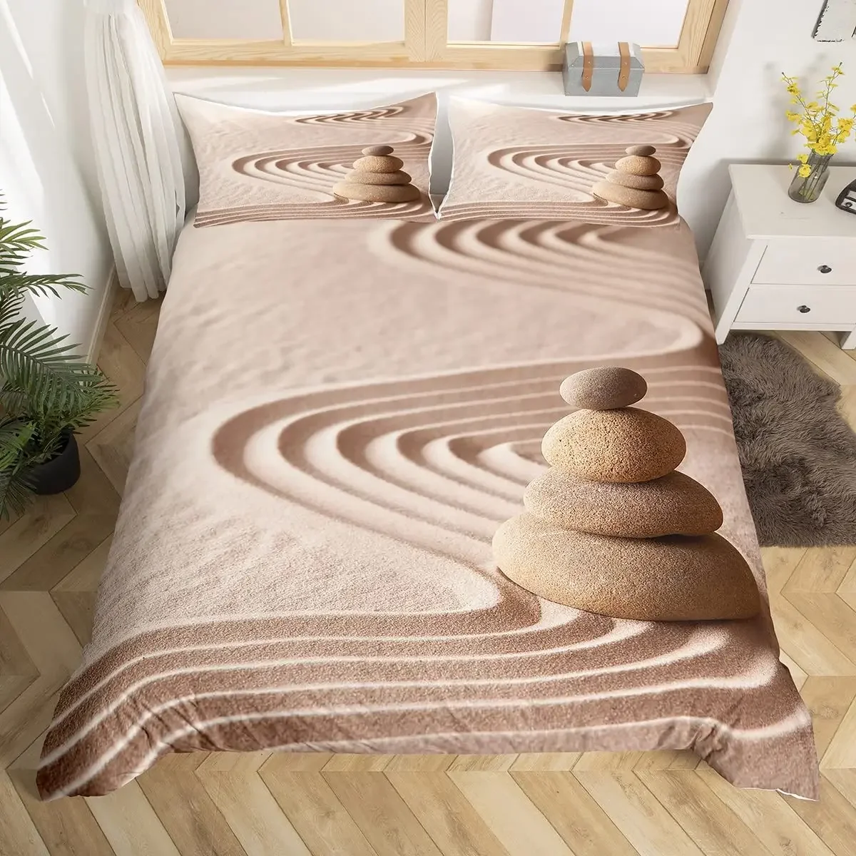 Zen Duvet Cover Set Sandy Beach Meditation Bedding Set Zen Stones Comforter Cover Tranquil Nature Artwork Quilt Cover Full Size