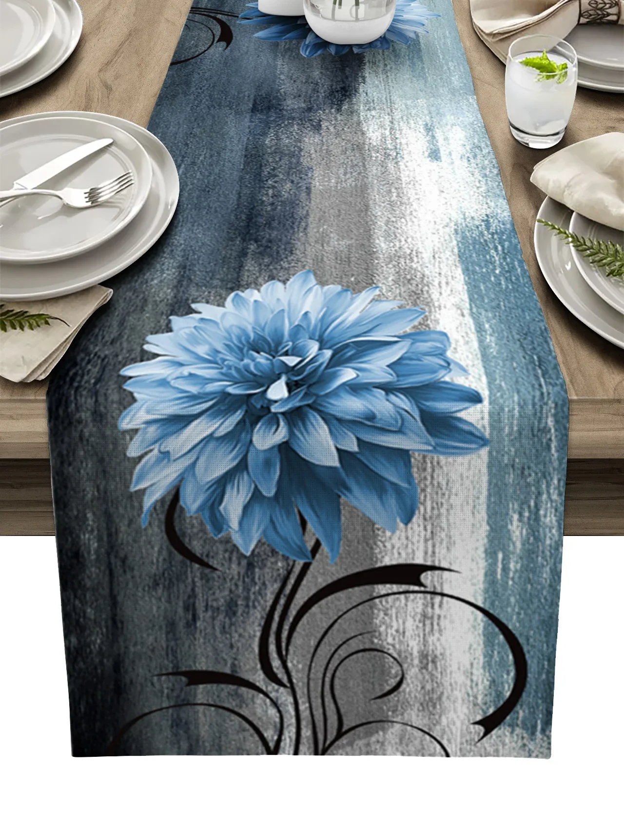 Dahlia Oil Painting Abstract Texture Plant Flower Blue Linen Table Runners Kitchen Dining Table Decoration Party Supplies