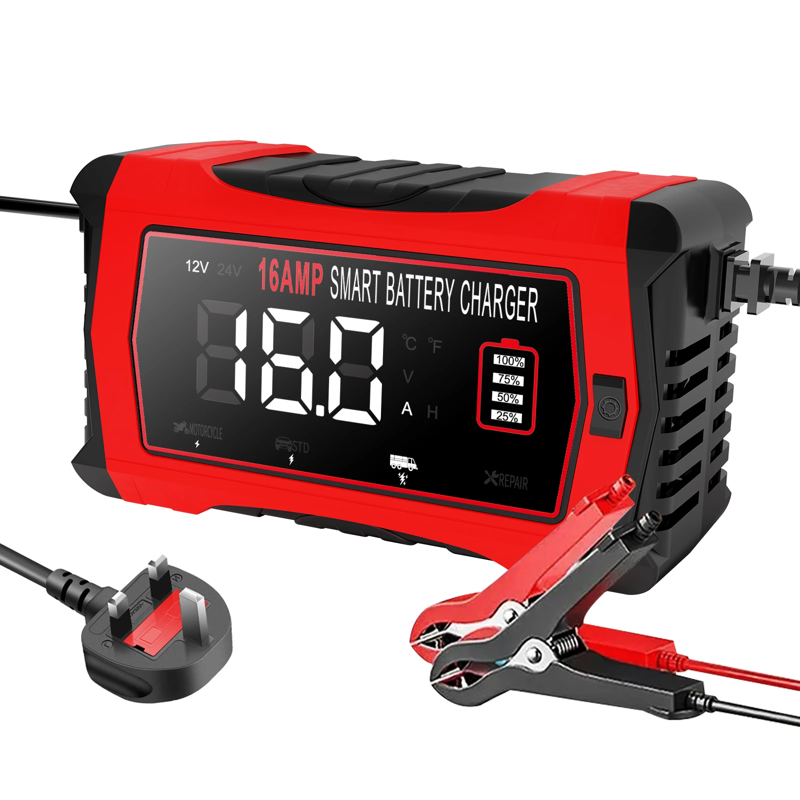 6V 12V 24V 16A Universele Reparatie Auto Acculader Intelligente Reparatie Motorfiets Oplader voor Lood-zuur AGM GEL LiFePO4 Batterij