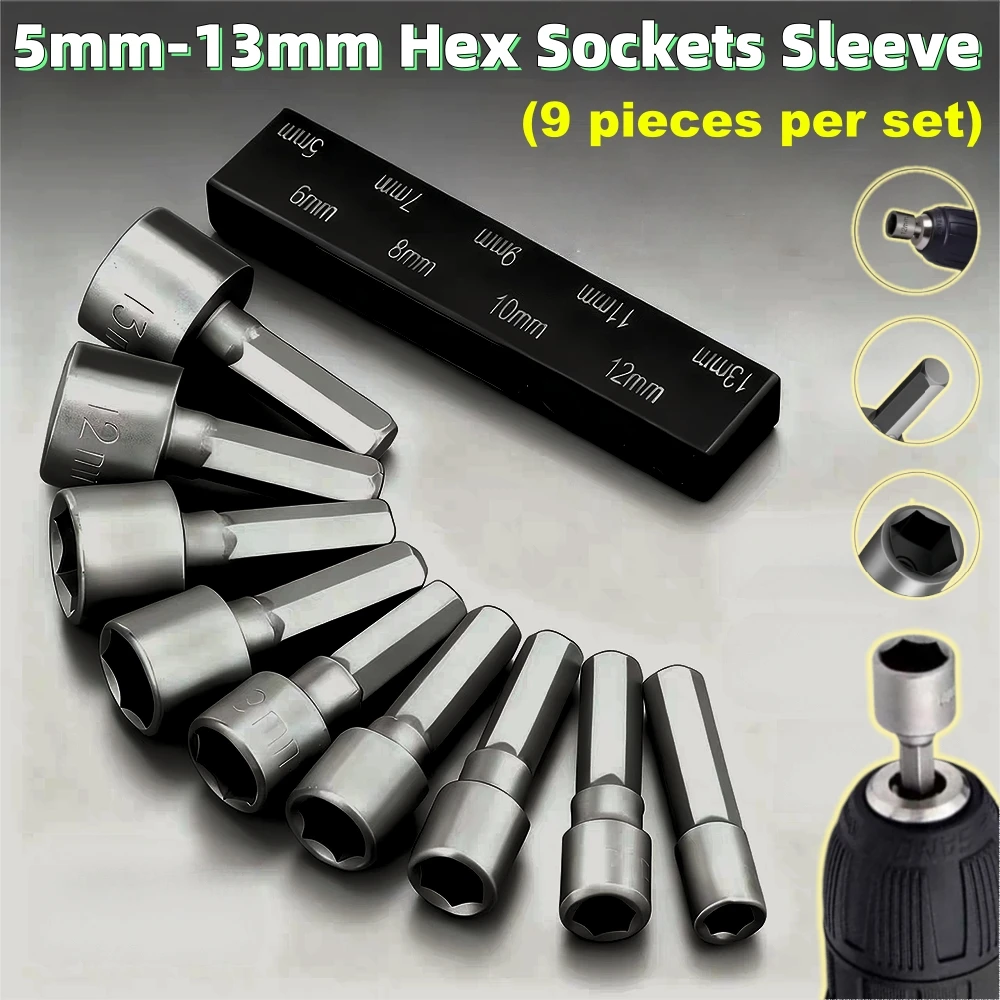 9pcs/set 5mm-13mm Inner Hex Sockets Sleeve Nozzles Nut Driver Set Screwdriver Set Pneumatic Set  Sets Tools Socket Wrenches