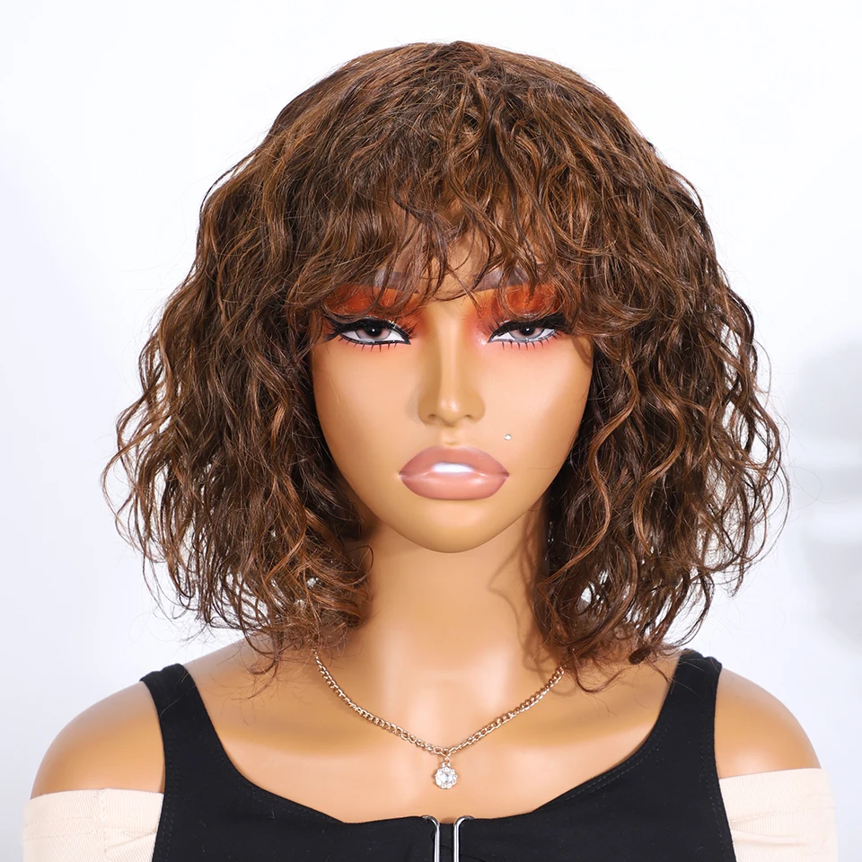 

Peruvian Short Pixie Bob Cut Human Hair Wigs With Bangs Jerry Curly Non lace front Wig Highlight P4/30 Colored Kinky CurlyWigs