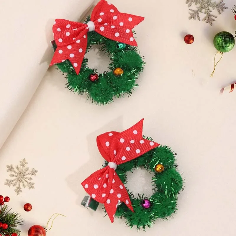 Oaoleer 2Pcs Christmas Wreath Hair Clips For Baby Girls Mini Handmade Bowknote Wreaths Hairpin Barrettes Kids Hair Accessories