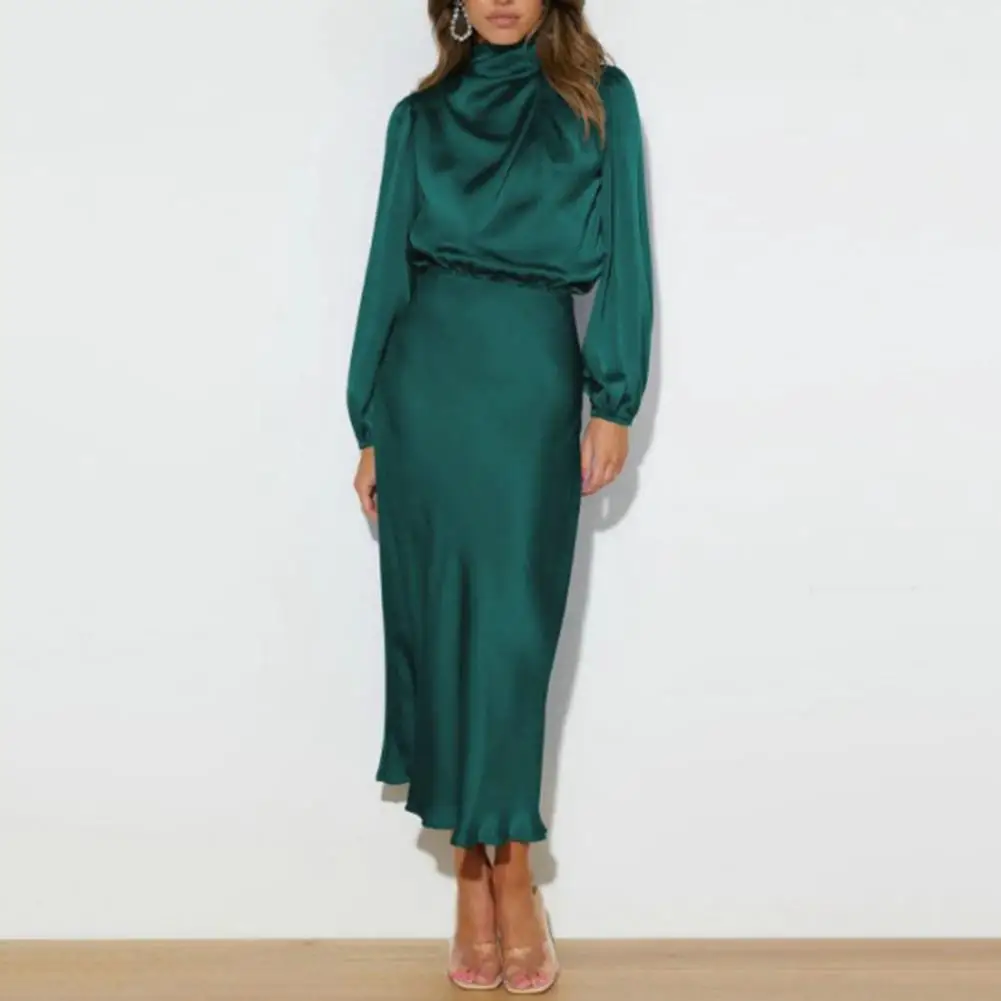 

Women Elegant Dress Elegant Satin Lantern Sleeve Midi Dress for Wedding Cocktail Party with Half-high Collar Tight Waist Fall