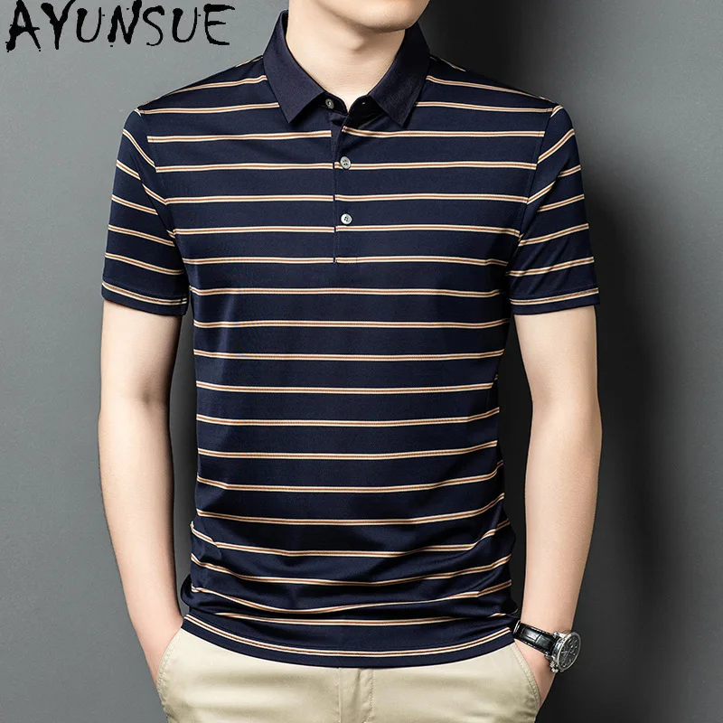 AYUNSUE 100% Real Mulberry Silk Polo Shirts Luxury 2026 Summer Top Fashion Striped Tee Shirt Casual Short Sleeve Polos Homme