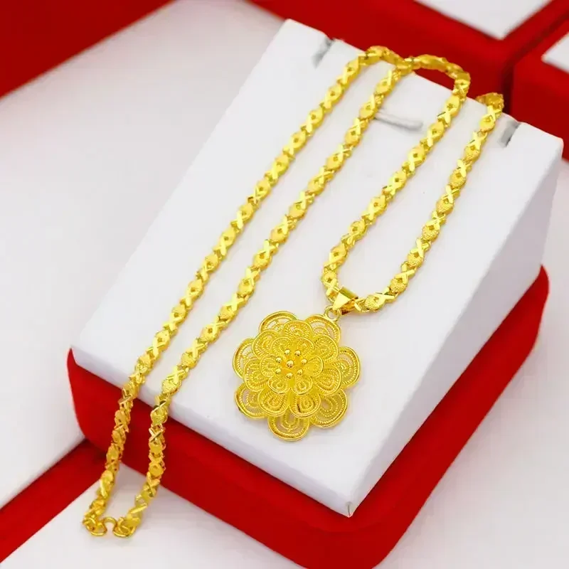 

New in necklace boutique 24k pure gold AU999 women's necklace 3D large pendant flower ladies luxury high-quality jewelry
