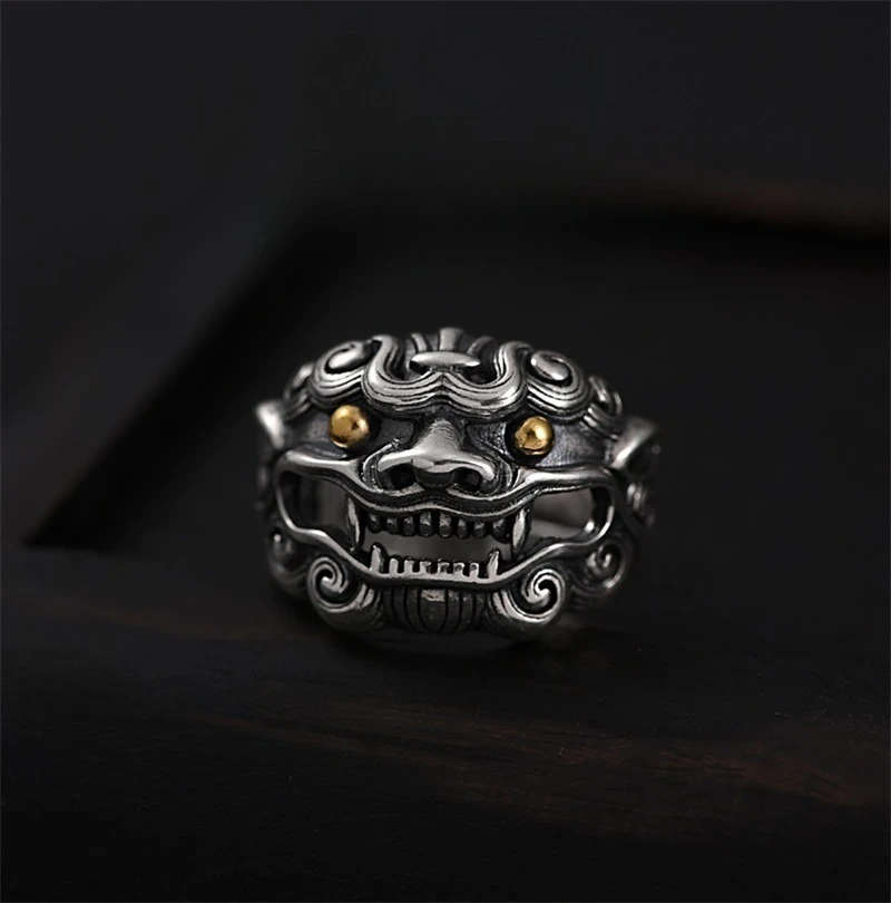 Vintage Tang Lion Head Ring for Men Trendy Unique Open Adjustable Domineering Masculine Crafted Fashion Jewelry