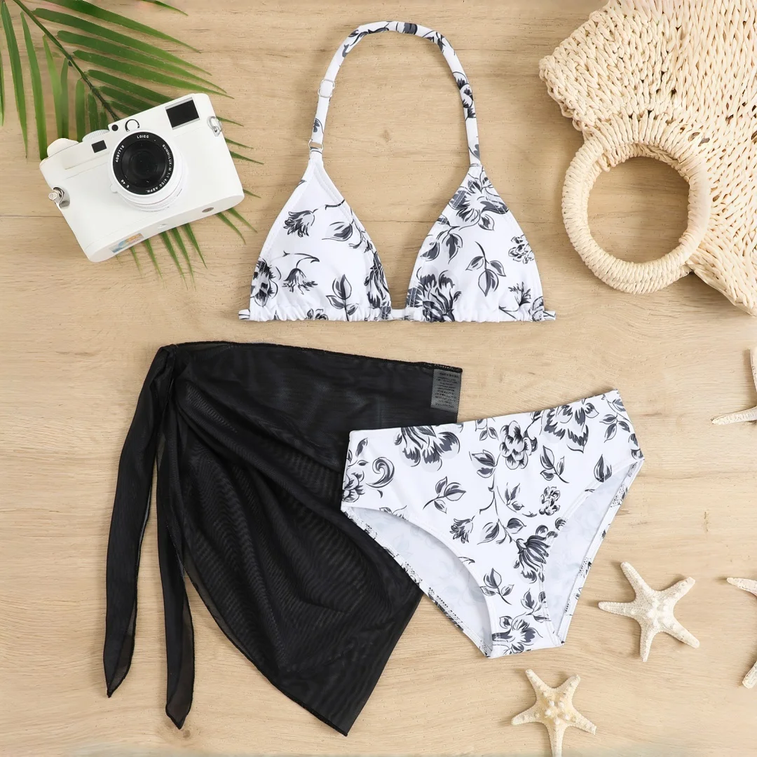 Tween Girl Summer Swimsuit Beach Bikini Set Off the Shoulder For Ages 9-16y Girls' Swimwear With Skirt 3pcs Outfit Bathing Suit - view 4