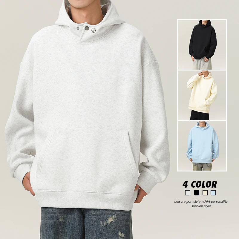 Autumn New High Neck Sweatshirt Men Metal Buckle Hoodie Harajuku College Style Solid color Hoodie Casual Sports loose Couple Top