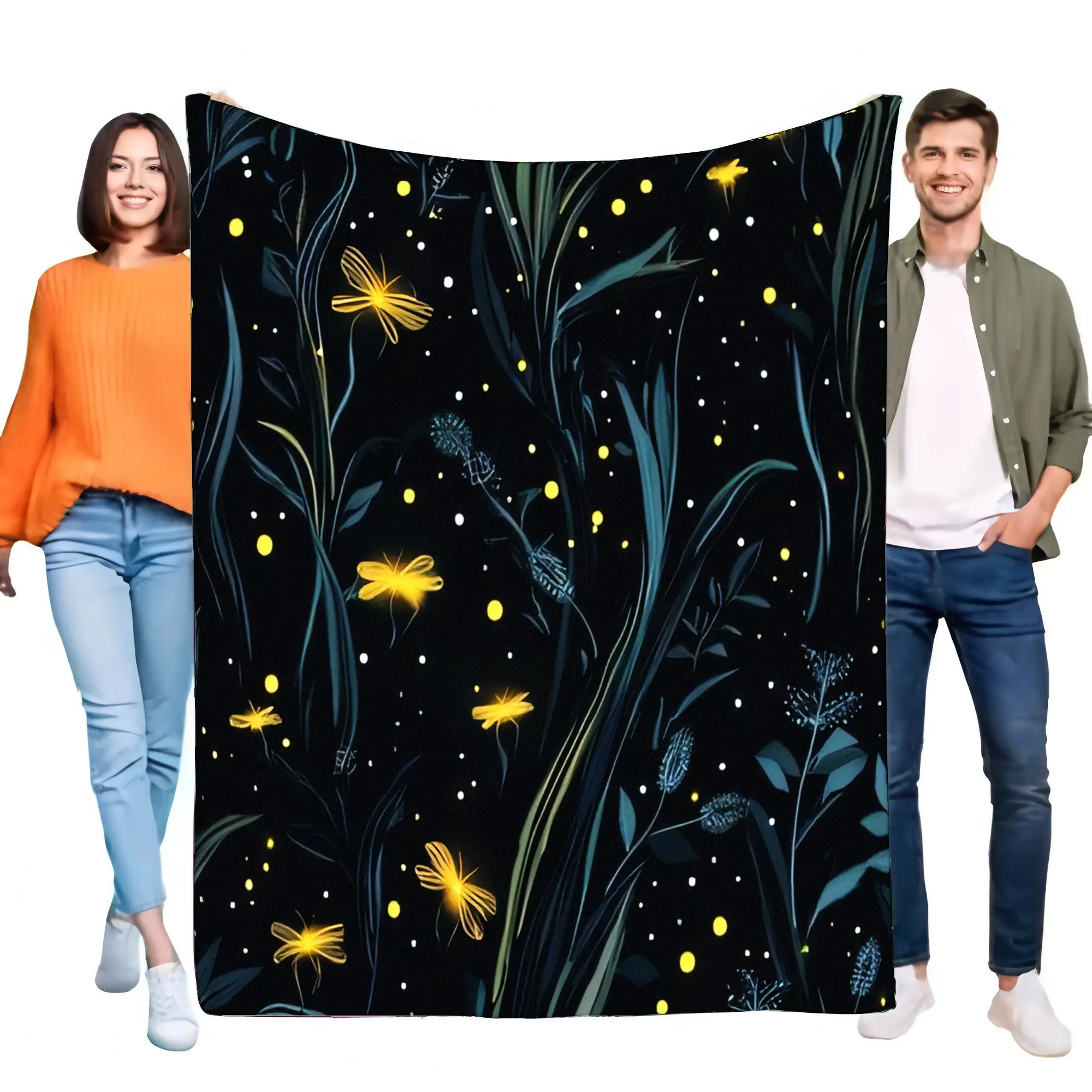 Magical Firefly Night Blanket, Soft Cozy Plush Flannel Throw for Bed Sofa Couch, Glowing Botanical Dark Pattern Kids Adults Gift